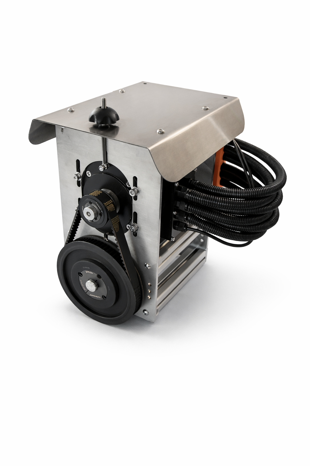 FlowDrive 10kW motor — three-quarter view with wiring harness