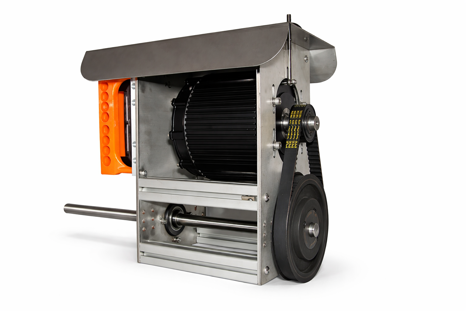 FlowDrive 10kW brushless motor unit — side profile showing belt drive and propshaft